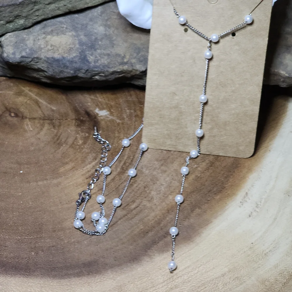 Vintage Faux Pearl Y Necklace Silver Toned Chain